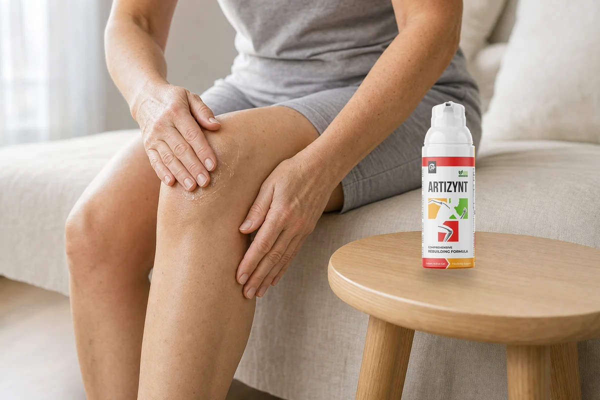 ArtiZynt Gel wird am Knie einmassiert, daneben steht der 50-ml-Spender